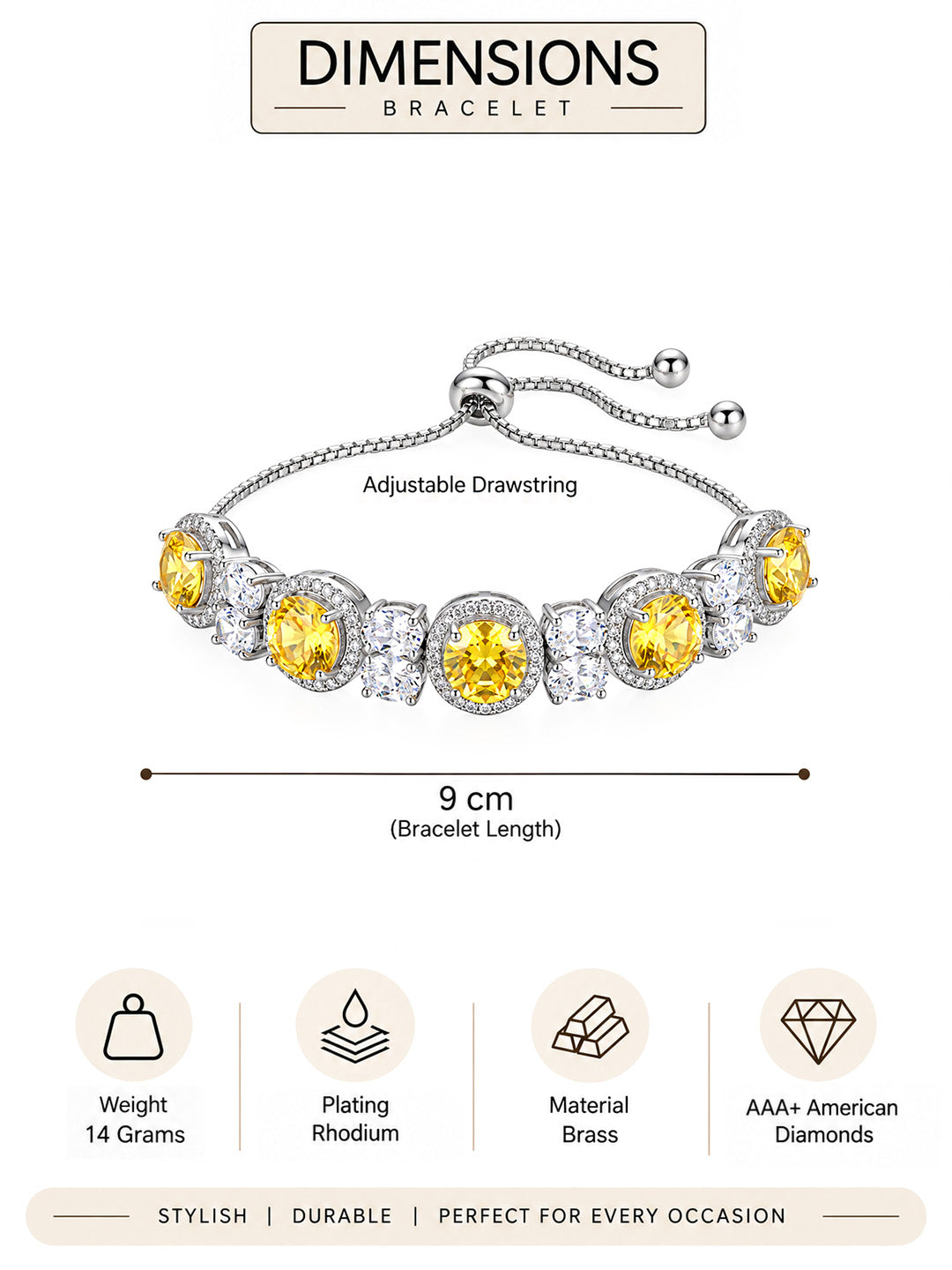 Silver Plated Yellow AD Adjustable Bracelet for Women