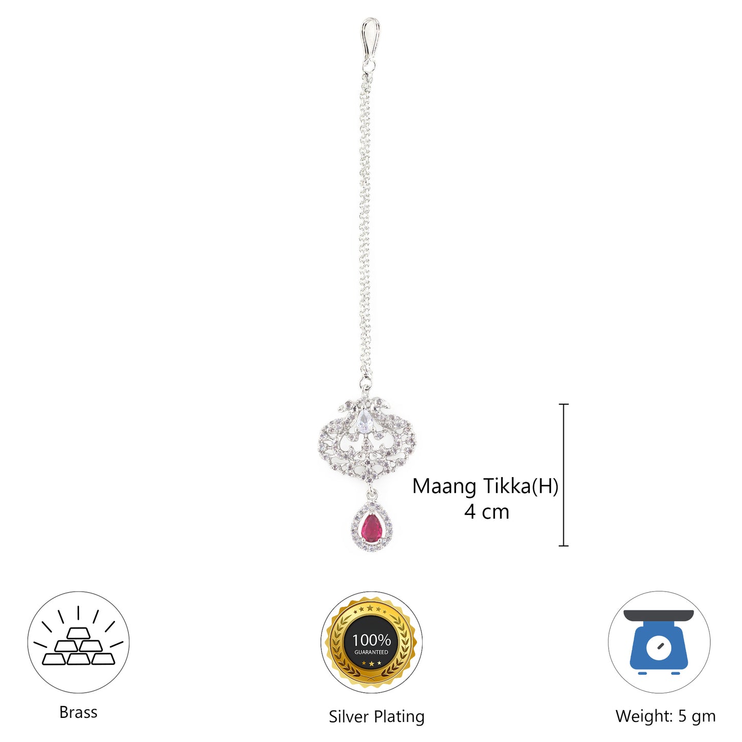 Silver Plated Red Peacock Maang Tikka for Women