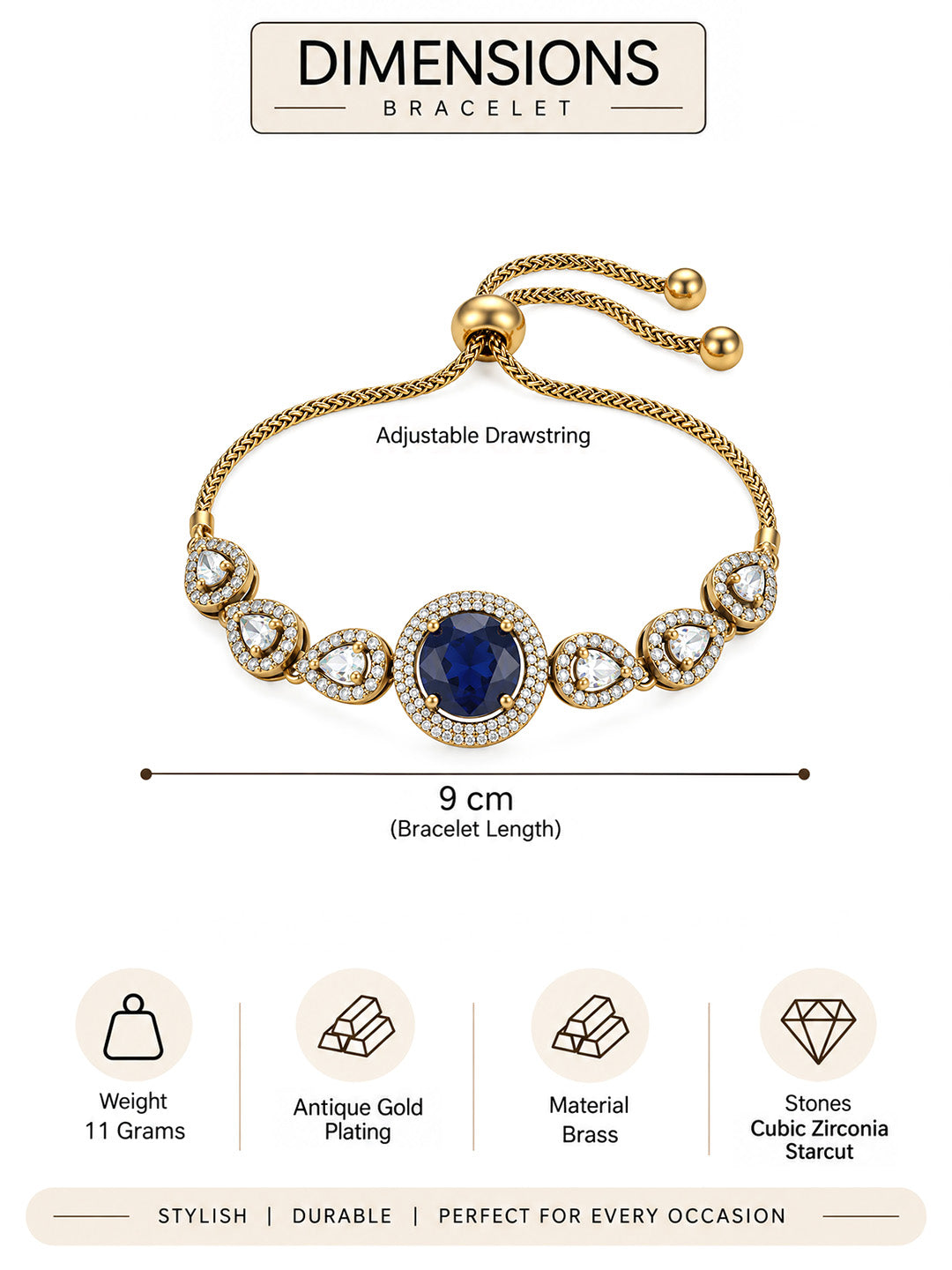 Antique Gold Plated Blue AD Adjustable Bracelet for Women