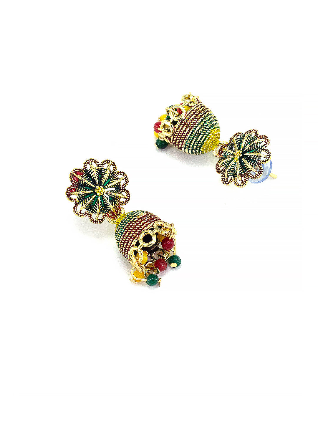 Gold Plated Floral Multi Color Artificial Beaded Jhumki Earrings