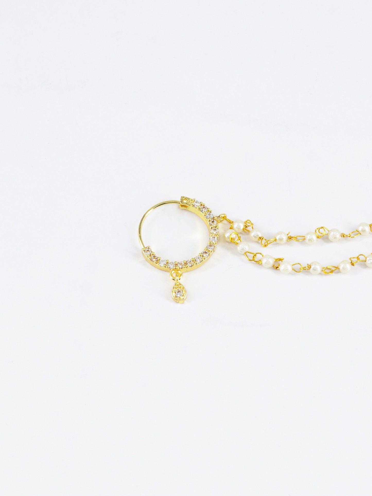 Gold Plated AD Nose Ring with 2 line Pearl Chain