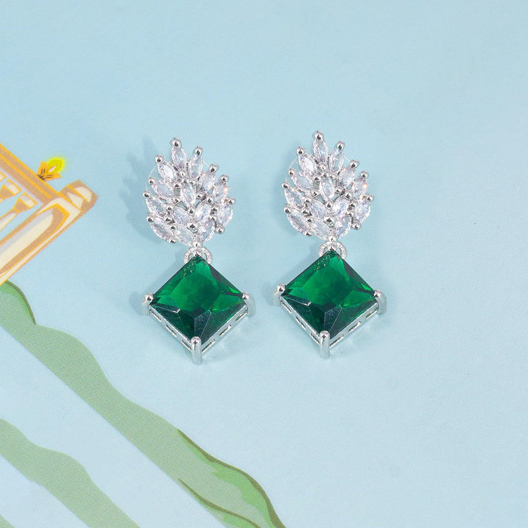 Rhodium Plated Green AD Trendy Drop Earrings