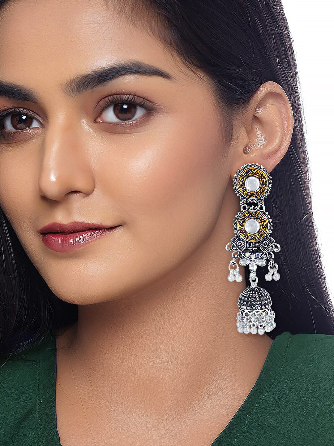 Dual Tone Gold & Long Jhumki Earrings