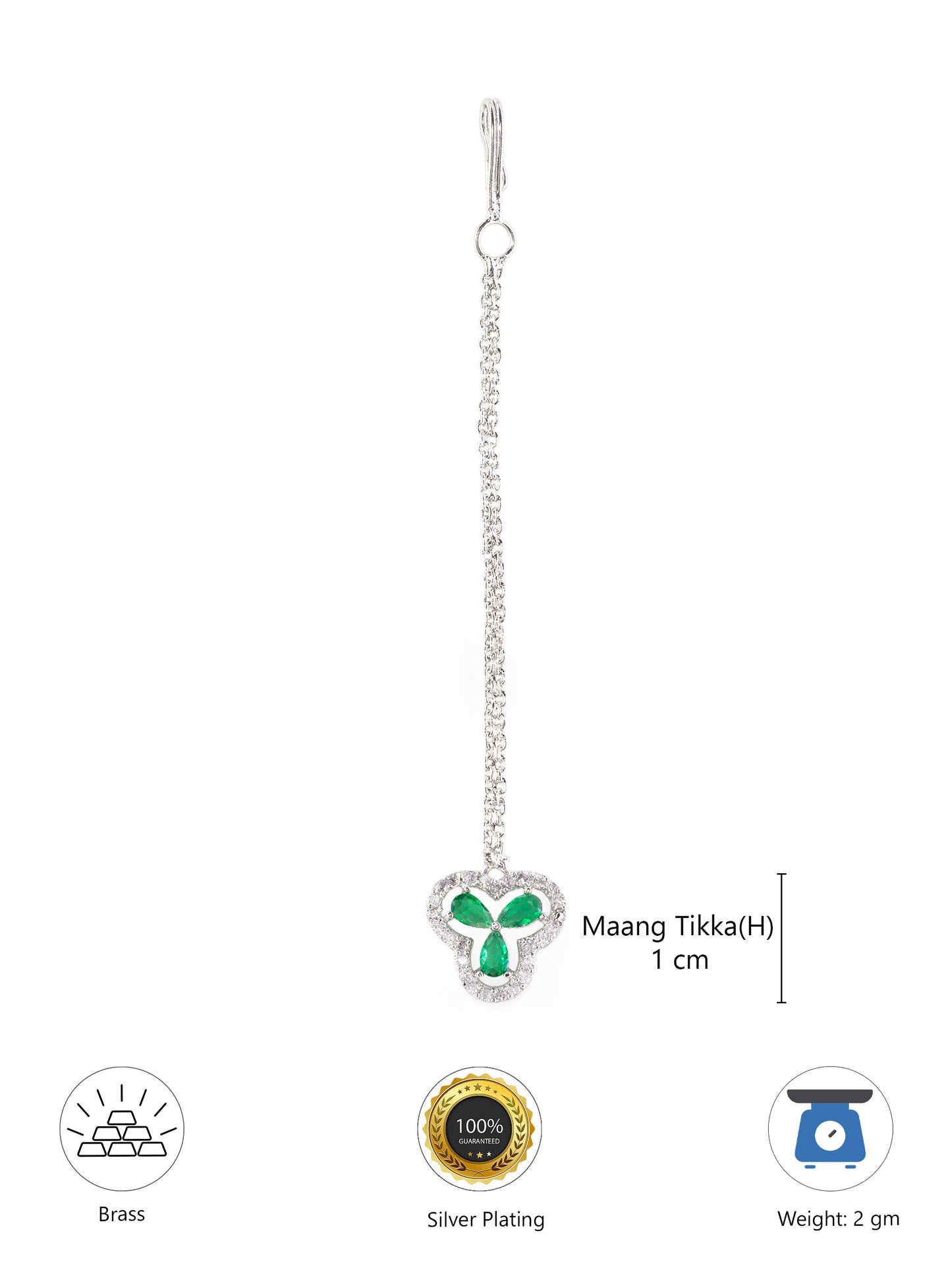 Silver Plated Green AD Maang Tikka for Women