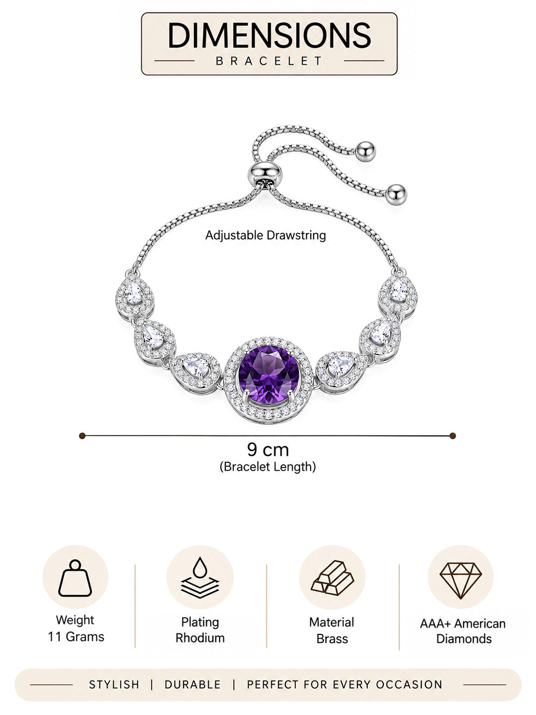 Silver Plated Purple AD Adjustable Bracelet for Women