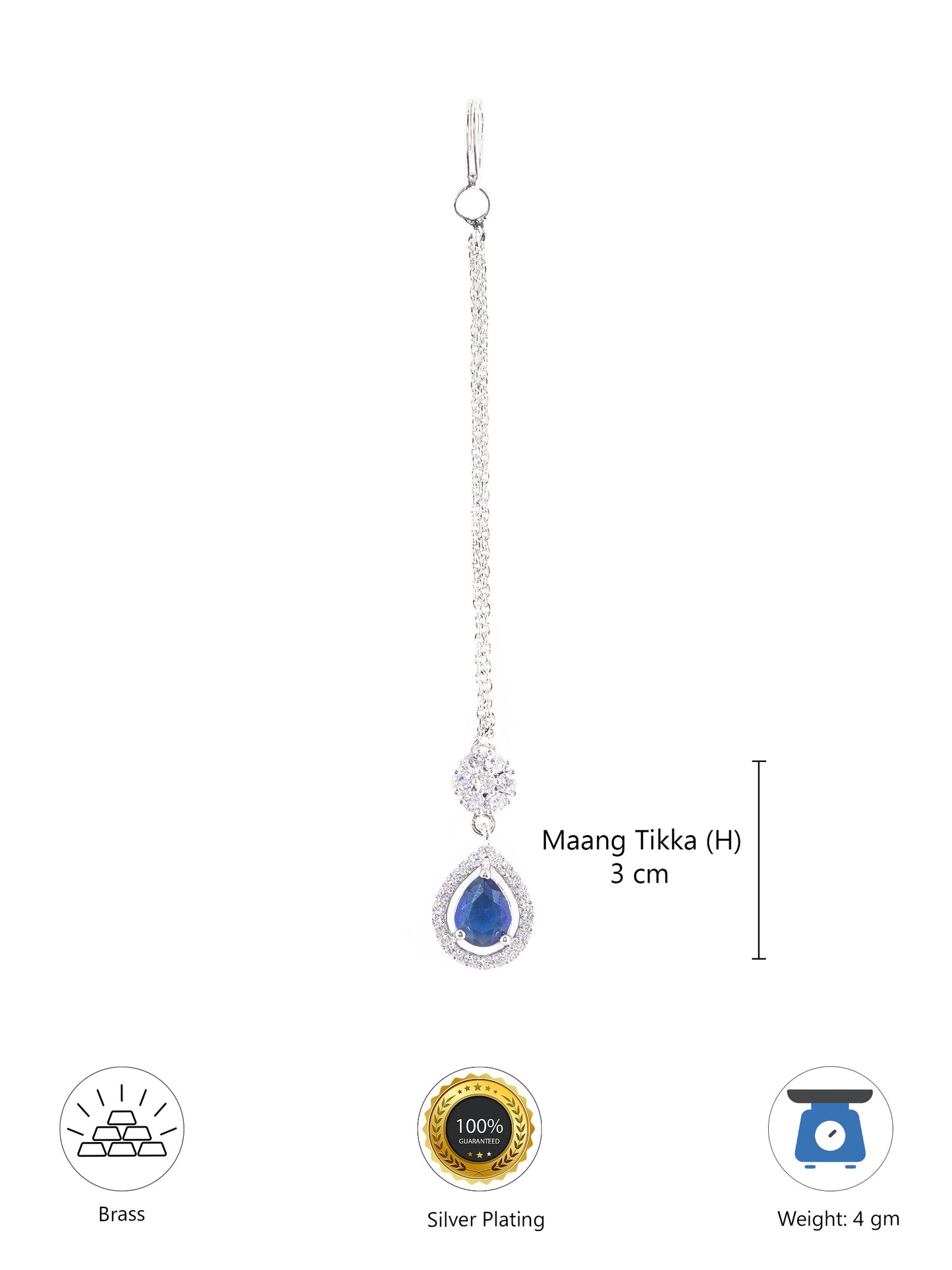 Silver Plated Blue AD Teardrop Maang Tikka for Women