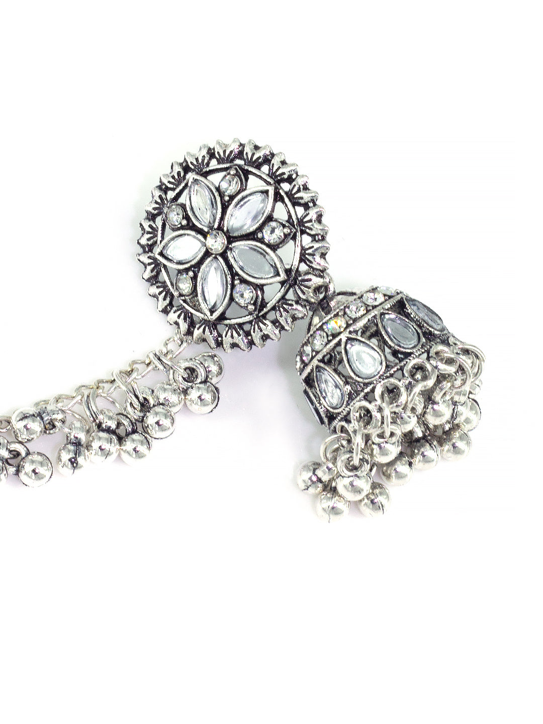 Silver-Oxidised Floral Mirror-Studded Jhumka Earrings With Hair Chain