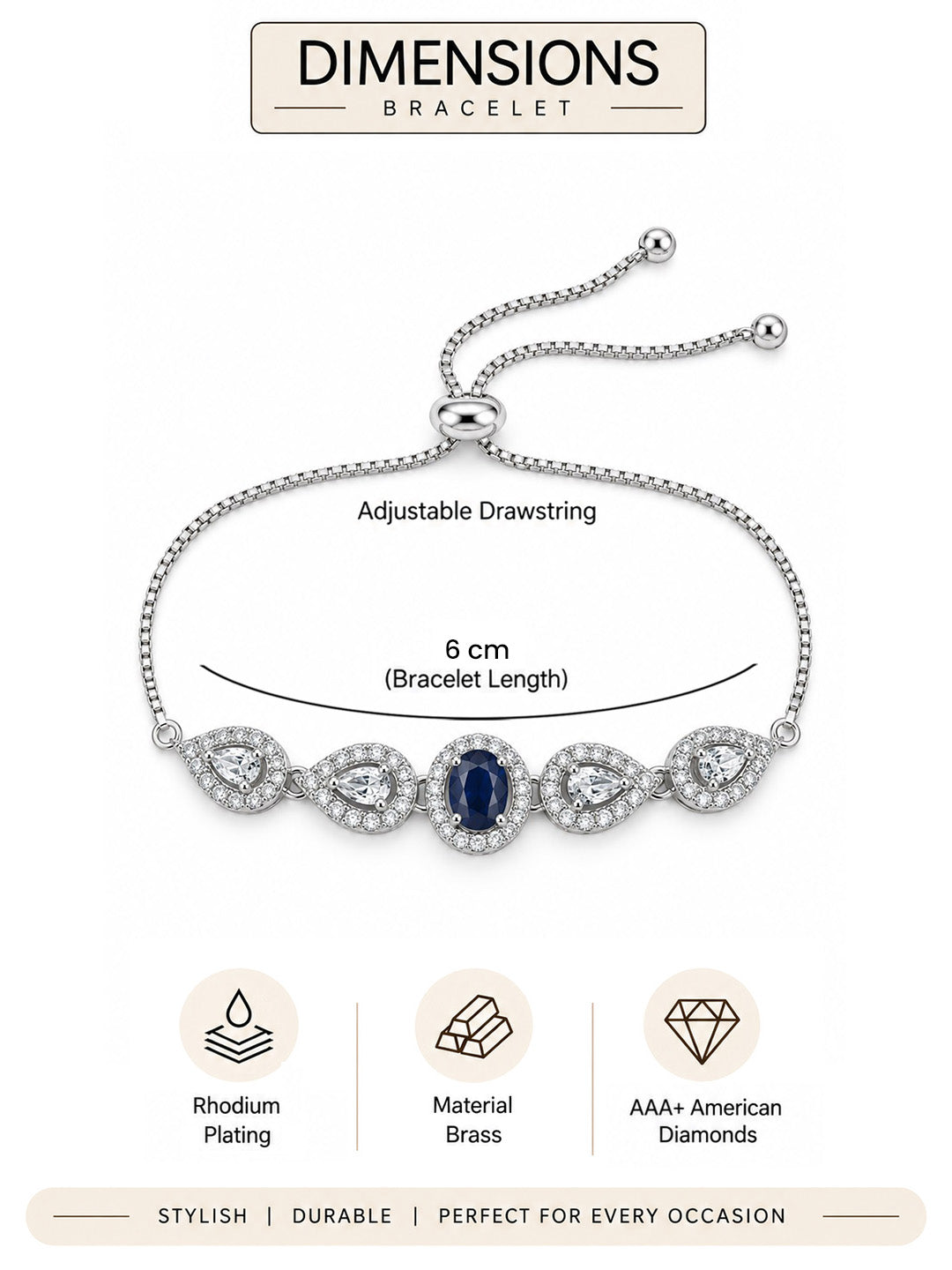 Rhodium Plated Blue AD Adjustable Bracelet for Women