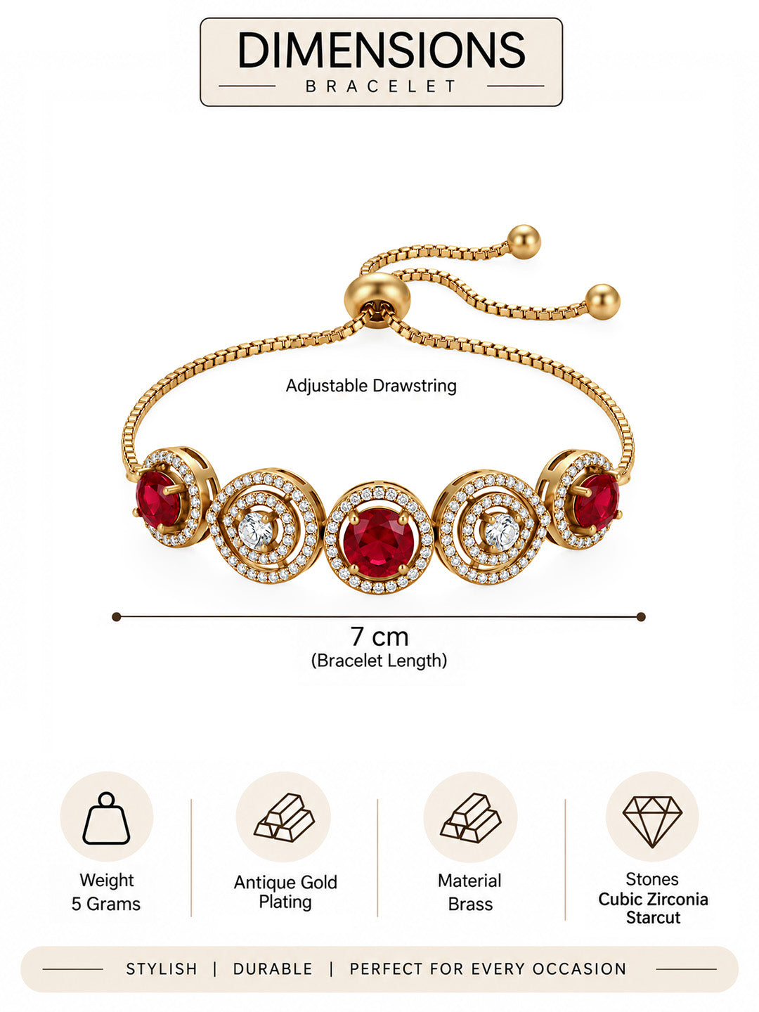 Antique Gold Plated Red AD Adjustable Bracelet for Women