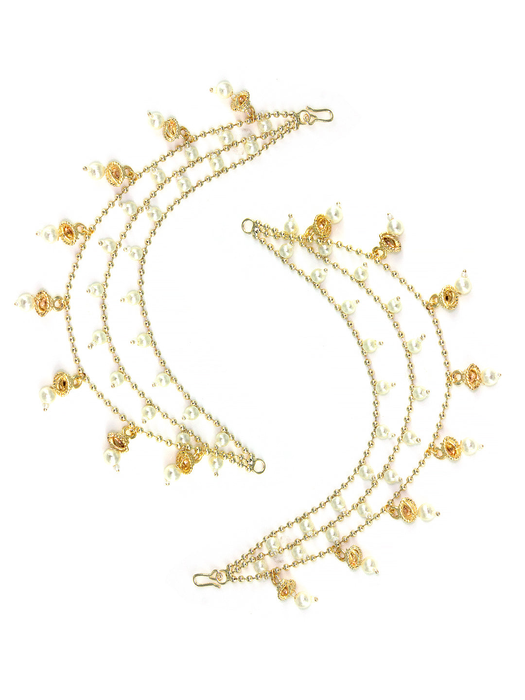 Gold-Plated 3-Layered Beads & 8 Jhumki Drop Ear Chain