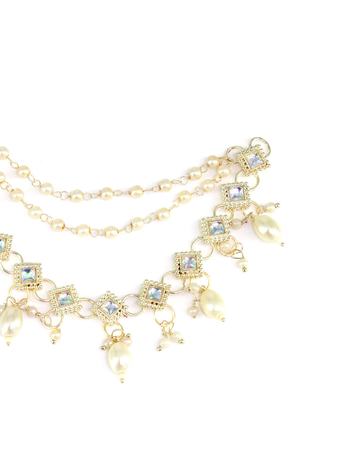 Gold-plated 3-Layered Square Kundan-Studded & Faux-Pearl Drop Ear Chain