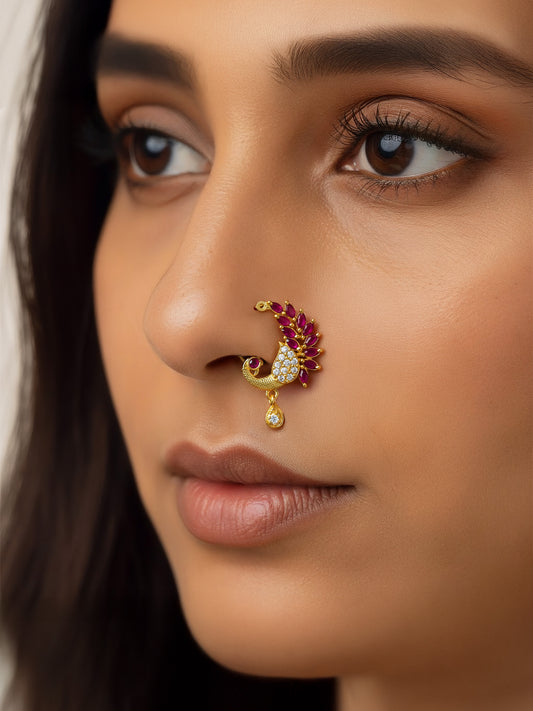 Gold Plated American Dimaond Peacock Drop Nose Ring