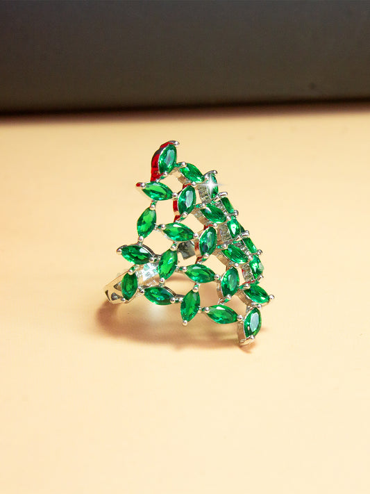 Silver Plated Green Petal AD Adjustable Ring For Women