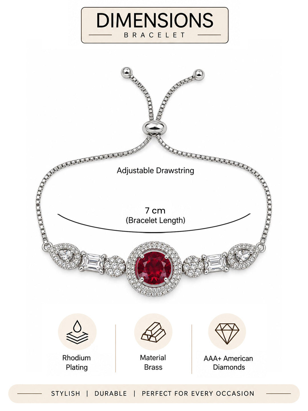 Rhodium Plated Red AD Adjustable Bracelet for Women