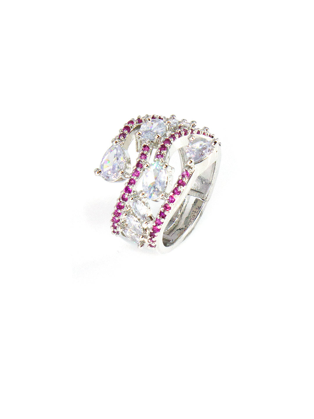 Silver Pink Stone Premium AD Ring – Stylish Multi-Line Design Adjustable Finger Ring