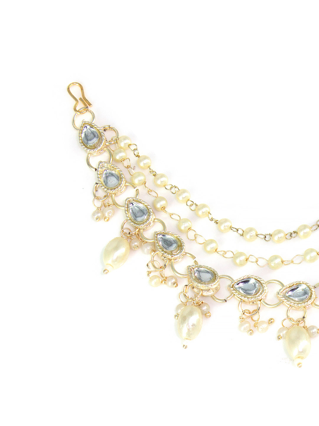 Gold-plated 3-Layered Kundan-Studded & Faux-Pearl Drop Ear Chain