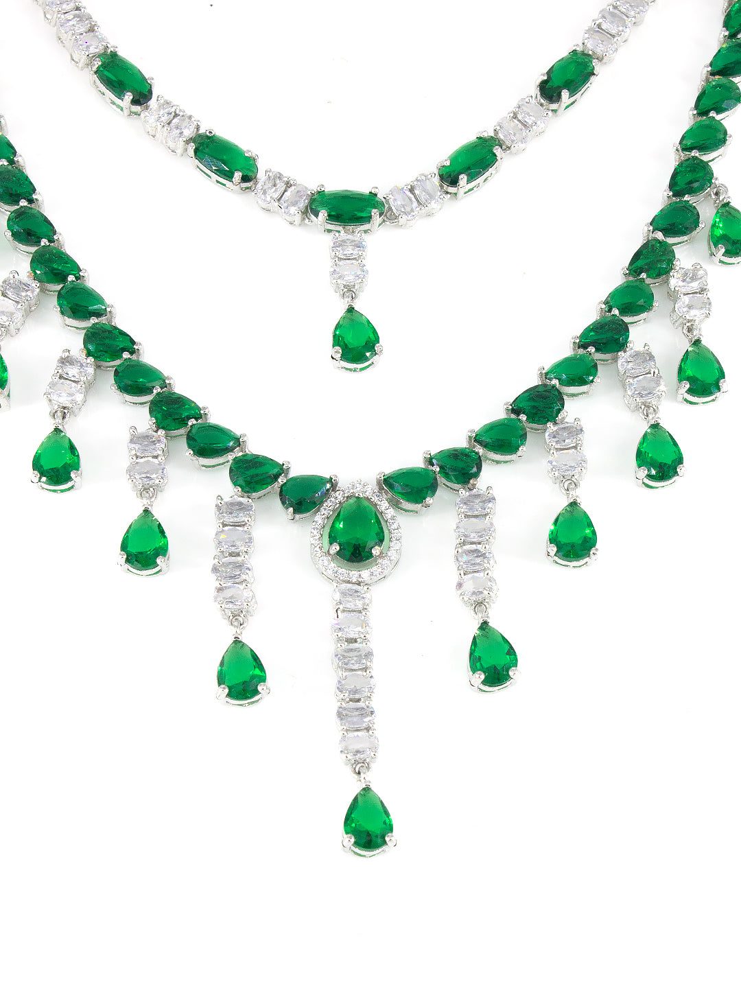Silver Plated Green AD Designer 2 Layer Cocktail Jewellery Set