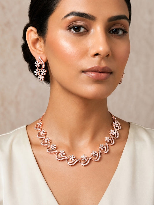 Rose Gold Plated AD Floral Jewellery Set for Women