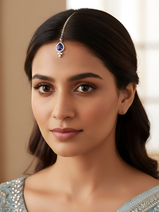Silver Plated Blue American Diamond Maang Tikka for Women