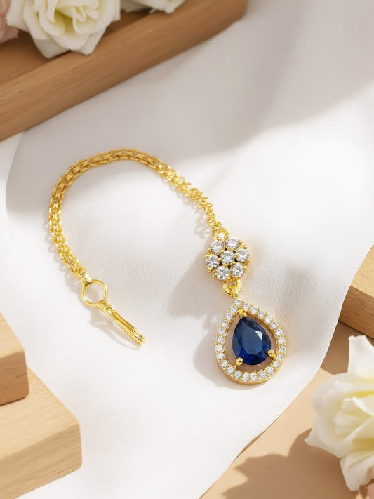 Gold Plated Blue AD Teardrop Maang Tikka for Women