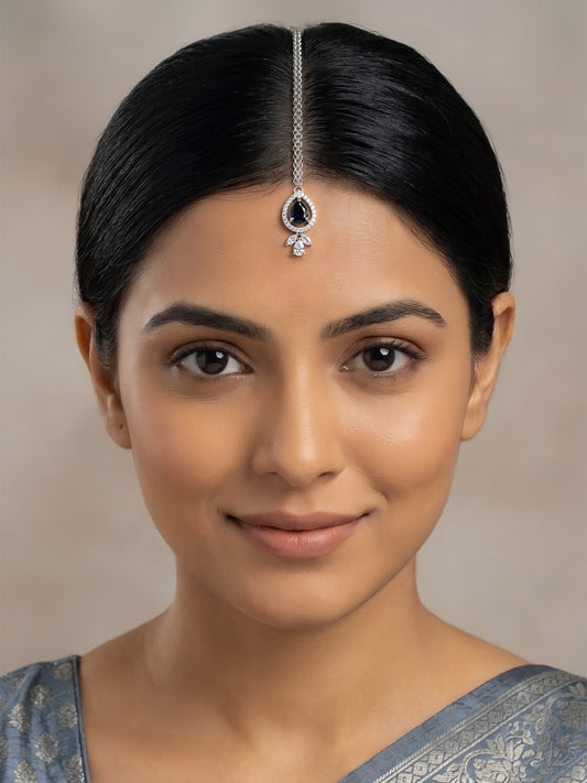 Silver Plated Black AD Maang Tikka for Women