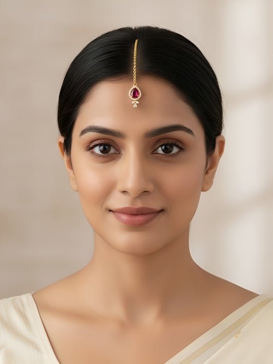 Gold Plated Red American Diamond Maang Tikka for Women