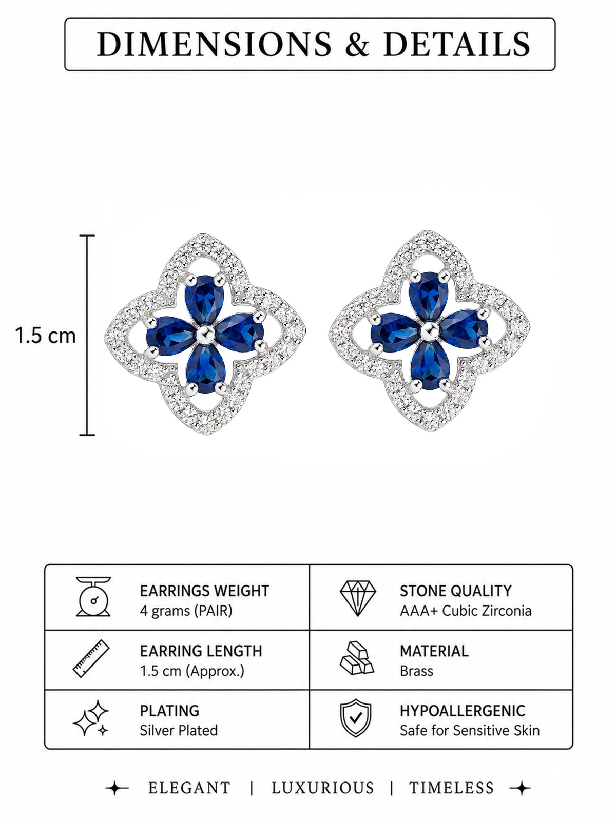 Rhodium Plated Blue AD Stud Earrings for Women