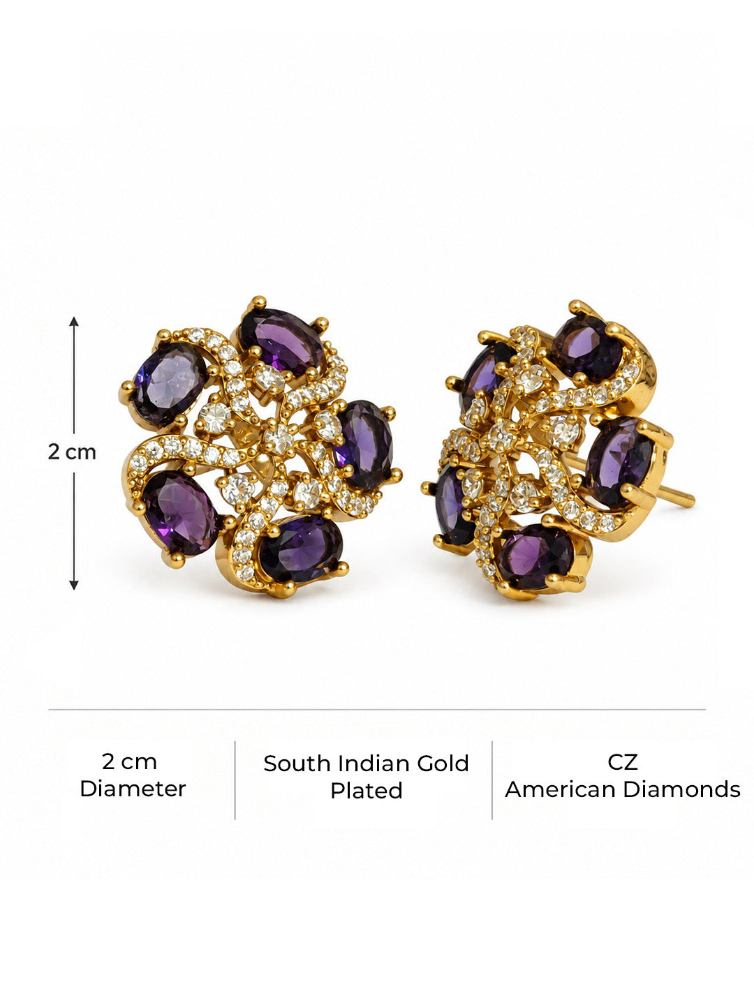 South Indian Gold Plated Purple AD Floral Stud Earrings for Women