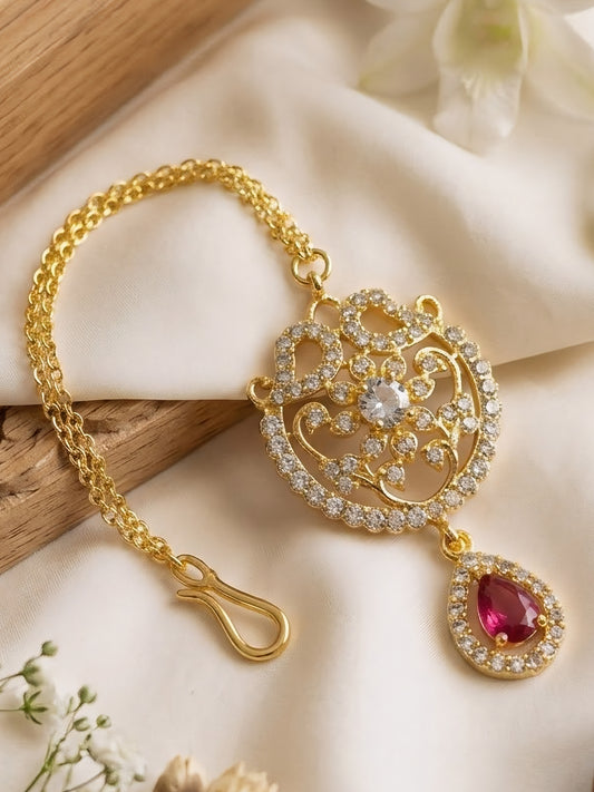 Gold Plated Red AD Floral Maang Tikka for Women