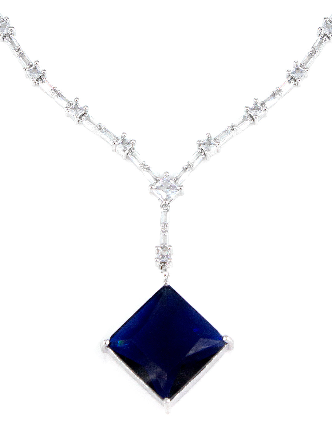 American Diamond Studded Royal Blue Square Drop Design Jewellery Set For Women And Girls