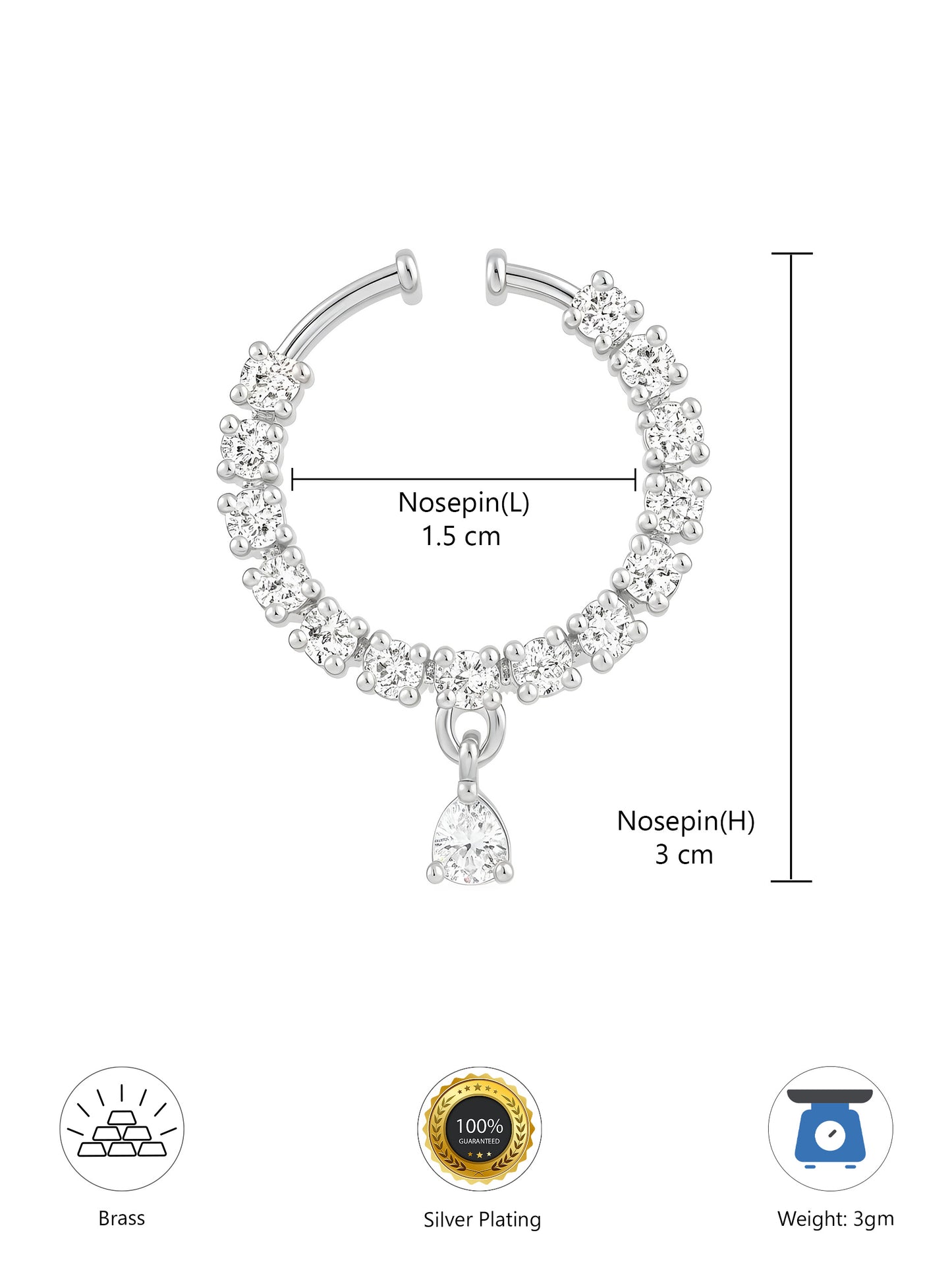 Silver Plated AD Bridal Non-piercing Drop Nose Ring