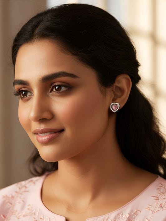 Silver Plated Pink AD Heart Stud Earrings for women