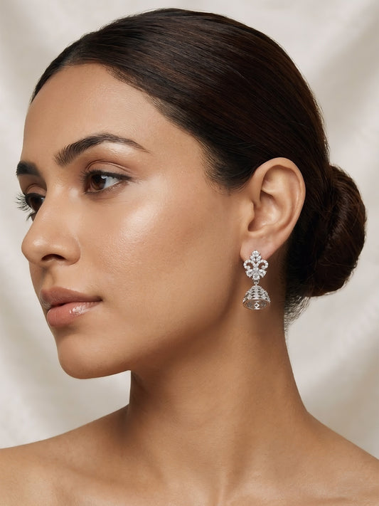 Silver Plated American Diamond Jhumka Earrings for Women