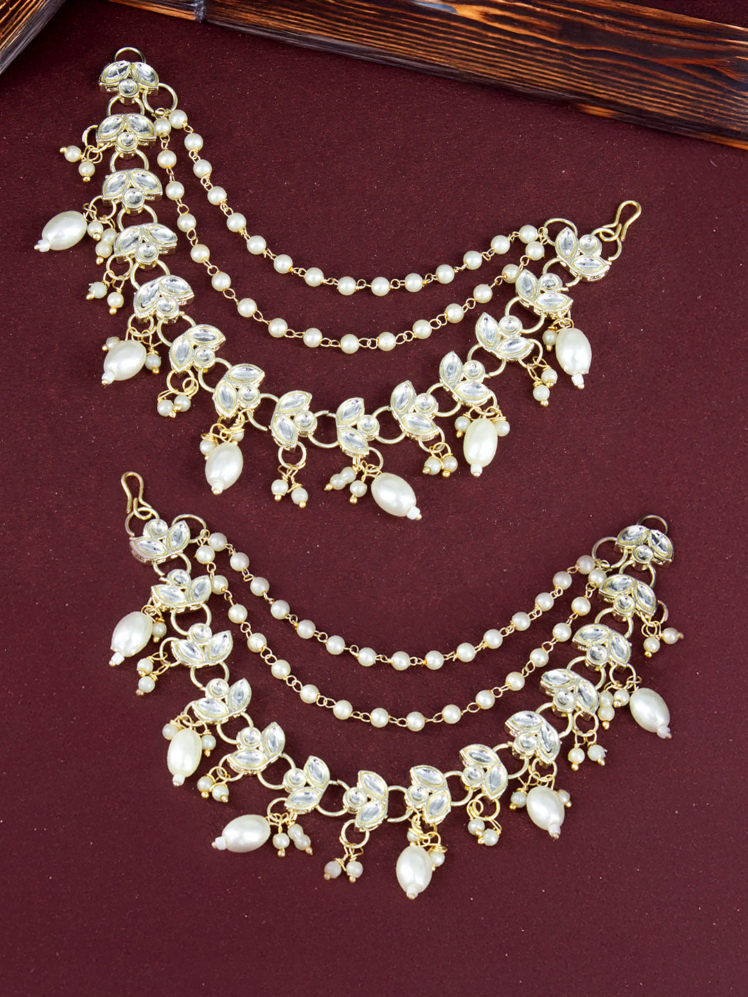 Gold-plated 3-Layered Leaf-Shaped Kundan-Studded & Faux-Pearl Drop Ear Chain