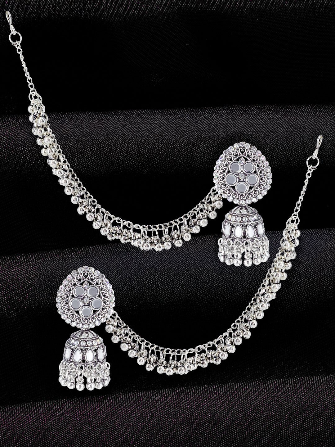 Silver-Oxidised Floral Mirror-Studded Jhumka Earrings With Hair Chain