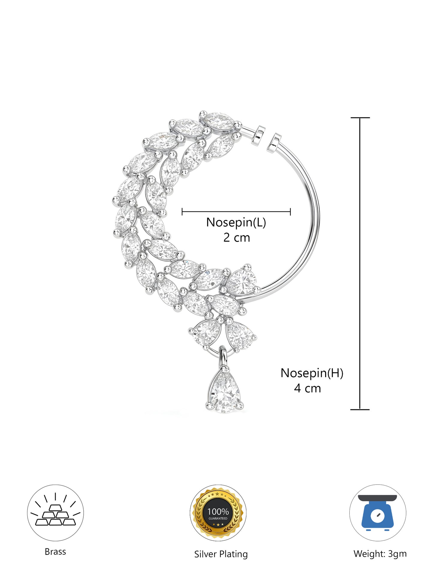 Silver Plated AD Bridal Non-piercing Drop Nose Ring