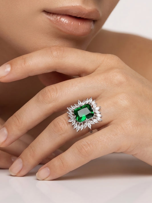 Rhodium Plated Green AD Finger Ring for Women