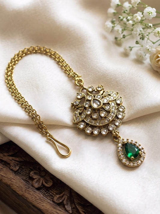 Gold Plated Green AD Maang Tikka for Women