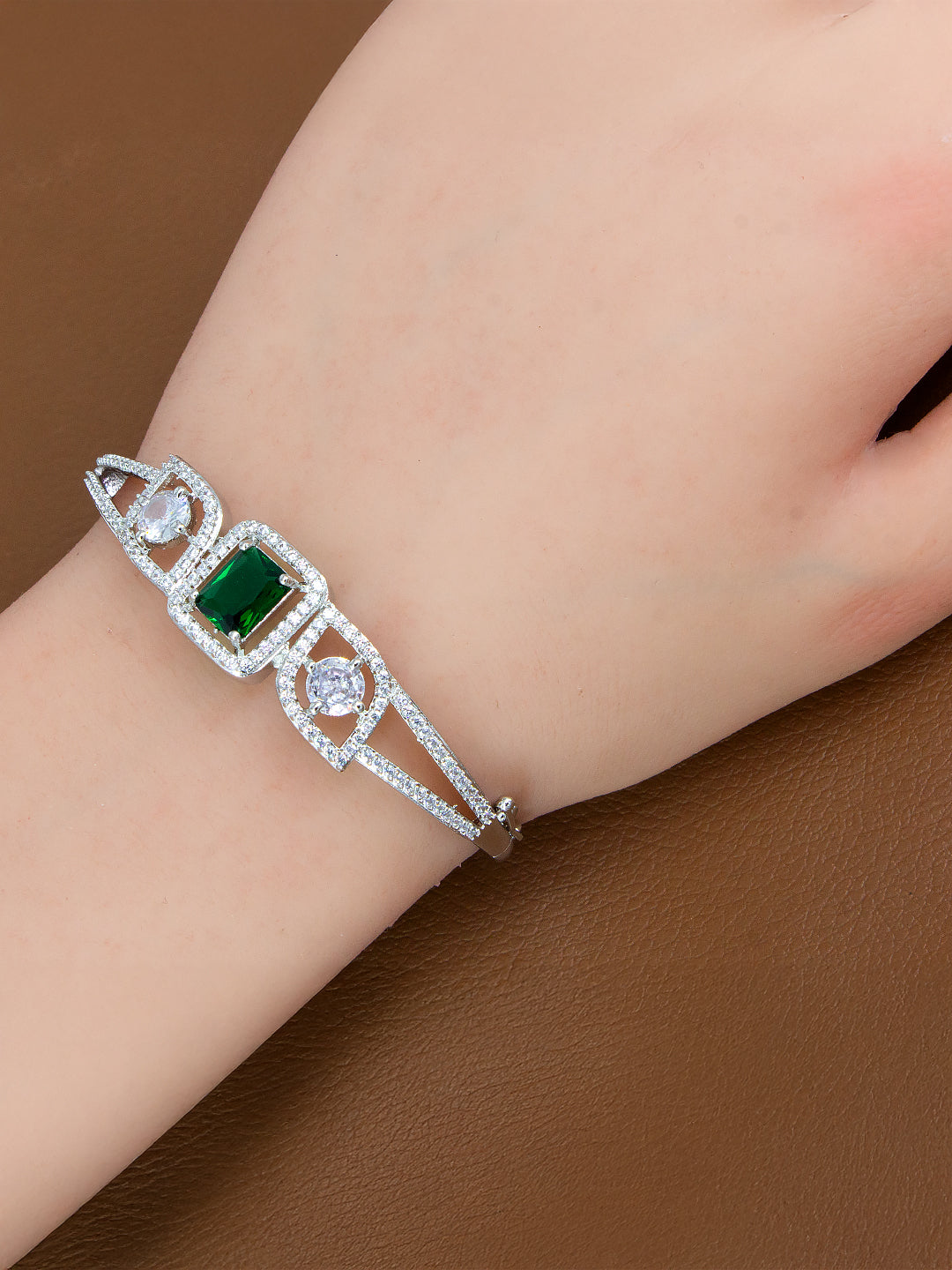 Silver Plated Green AD Minimal Bracelet