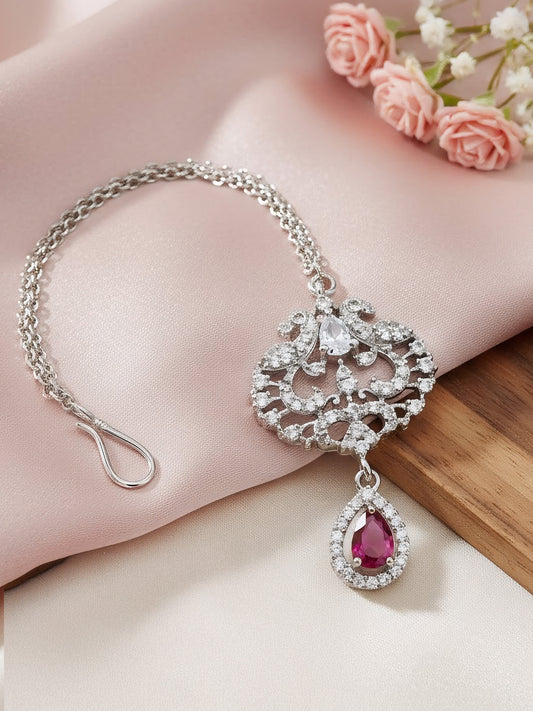 Silver Plated Red Peacock Maang Tikka for Women