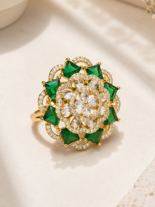 Antique Gold Plated Green AD Finger Ring for Women