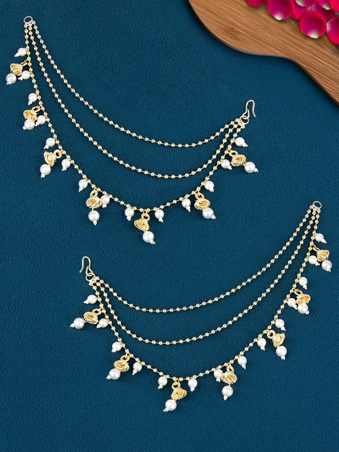 Gold-Plated 3-Layered Beads & 7 Jhumki Drop Ear Chain