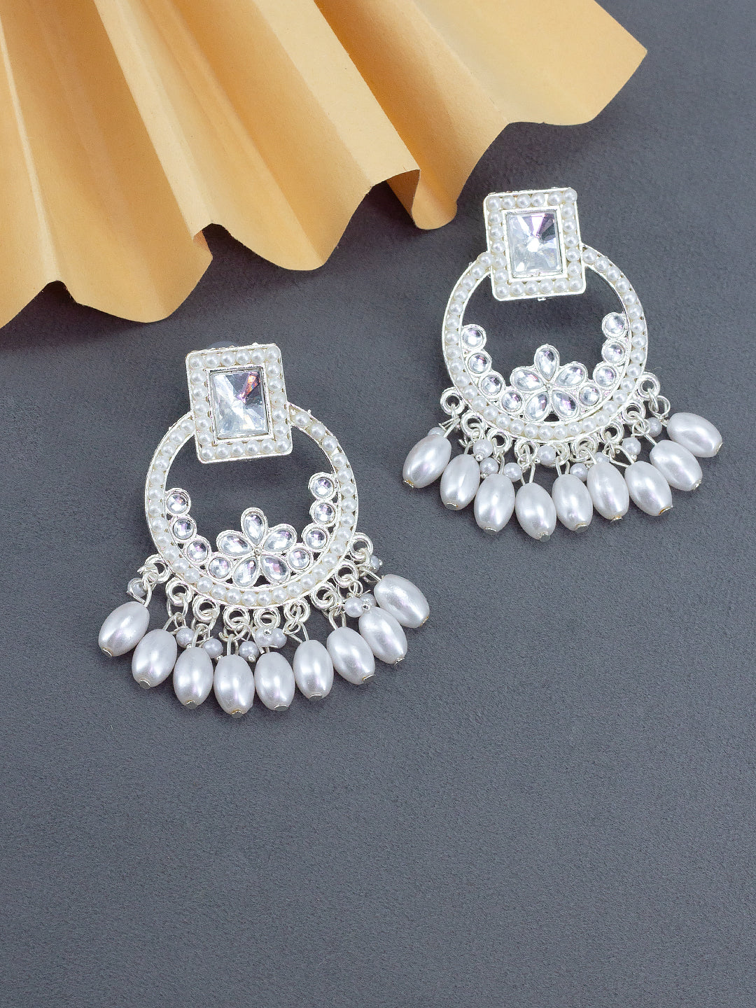 Silver Plated White Square Artificial Beads & Stones Studded Drop Earrings