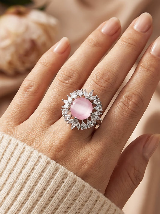 Silver Plated Pink AD Finger Ring for Women