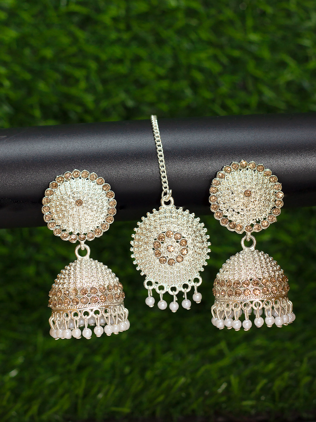 Silver Plated Artificial Stones Beaded Jhumka Earrings With Mang