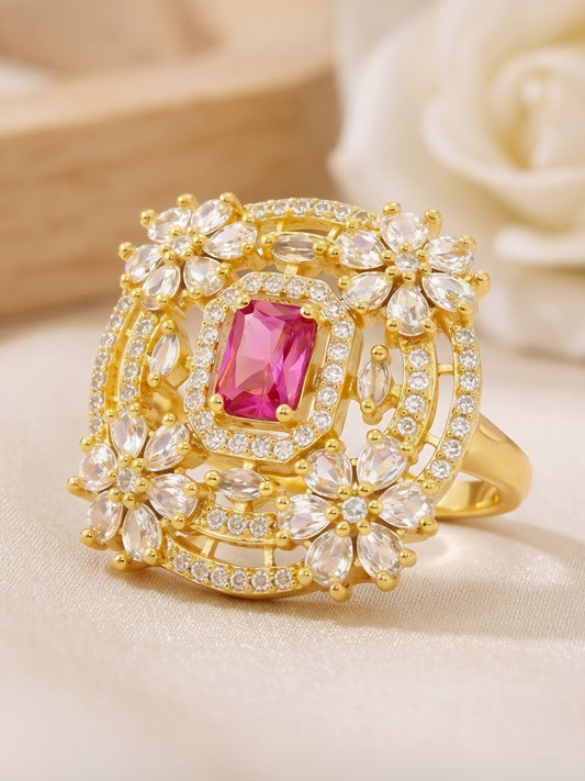 Gold Plated Red AD Floral Adjustable Finger Ring for Women