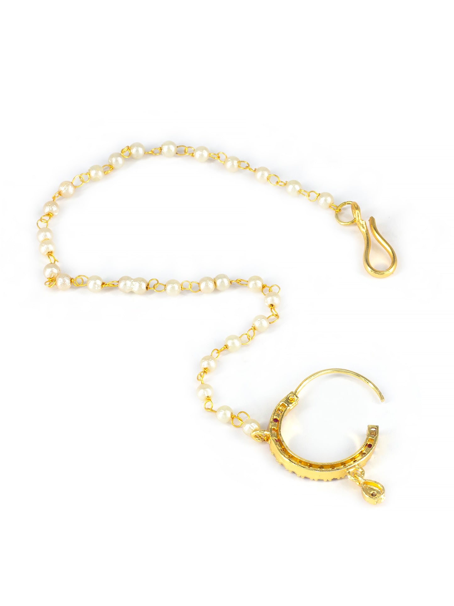 Gold Plated Red & White AD Nose Ring with Pearl Chain