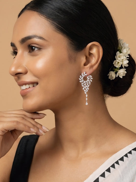 Silver Plated American Diamond Drop Earrings for Women