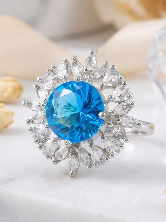 Silver Plated Aqua Blue AD Finger Ring for Women