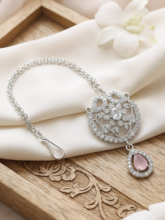 Rhodium Plated Pink AD Maang Tikka for Women